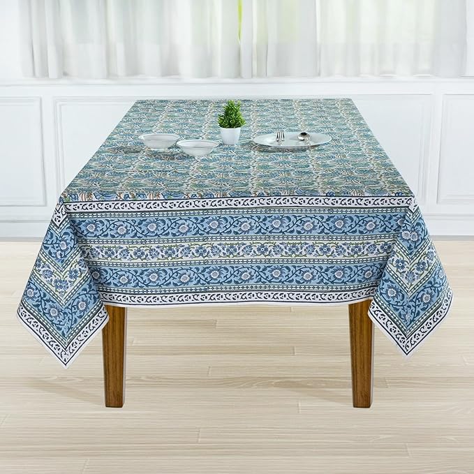 Ridhi Asparagus Green Hand Block Print Cotton Rectangle Tablecloth 140 x 72 inch-Reusable Table Cover Decorative Everyday Use for Dining Room, Farmhouse, Thanksgiving, Christmas Wedding, Fall
