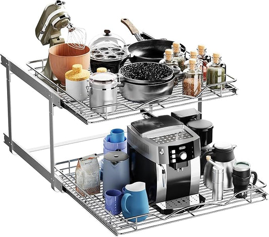 HOLDN’ STORAGE Two Tier Pull Out Cabinet Organizer, Individual Sliding Drawers - Heavy Duty Metal with Lifetime Limited Warranty - Anti Rust Chrome Finish - 24.5" W x 21”D x 16.5" H