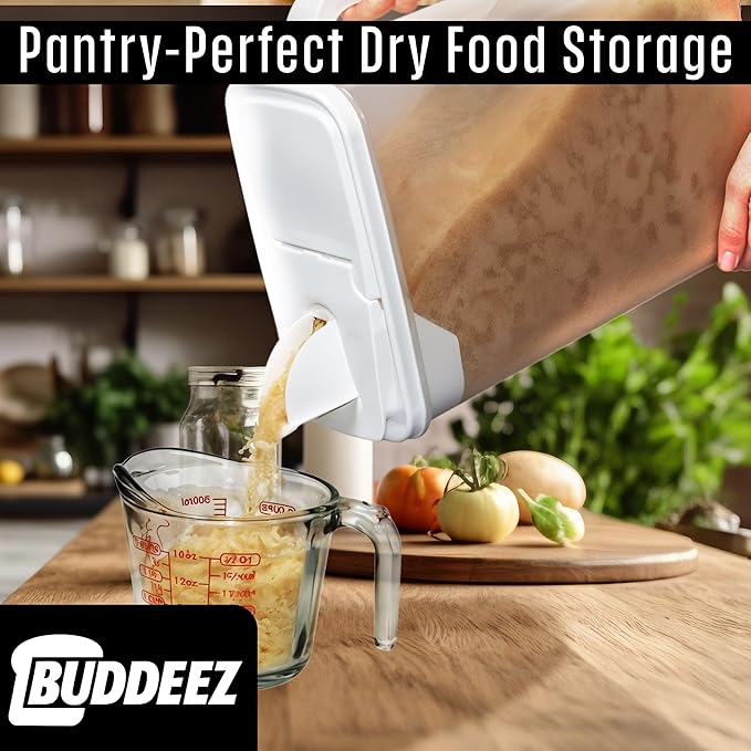 Buddeez Bulk Food Storage Container - 8 Quart All Purpose Clear & Large Pantry and Kitchen Organization and Storage - Cereal, Flour, Sugar, Rice Dispenser, EZ Grip Handle, EZ Pour Spout (White Lid)