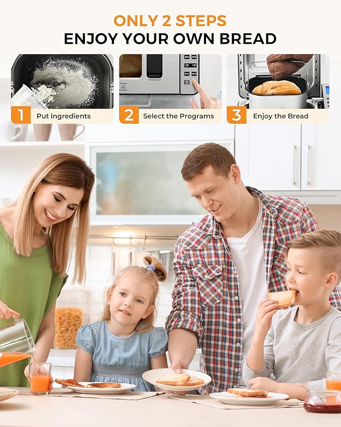 EUHOMY 25-in-1 Bread Maker Machine 2LB Breadmaker, Bread Machines with Nut Dispenser and Yeast Dispenser, 3 Loaf Sizes 3 Crust Colors, Dough Maker with Customized Options, Gluten-Free, Recipe, Gifts