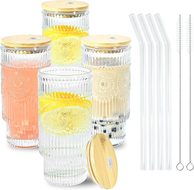 4 Pcs 16 oz Glasses Cups Set with Bamboo Lids Straws Brush Sunflower Glassware Set for Juice Iced Coffee Beer Cocktail Whiskey