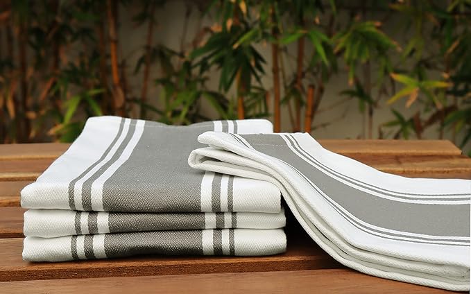 AMOUR INFINI Kitchen Towels 100% Cotton Pack of 4, Highly Absorbent Quick Drying Premium Striped Dish Towel for Kitchen with Hanging Loop Hand & Tea Towels (L.Grey)
