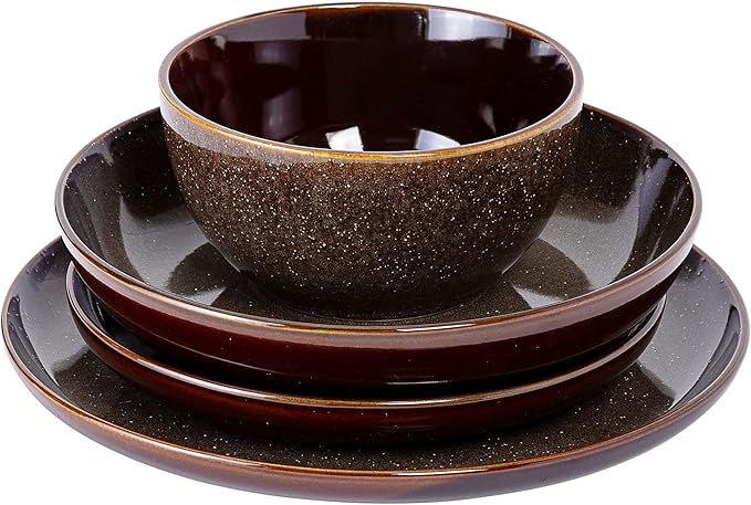 Gibson Elite Edwina 16-Piece Double Bowl Dinnerware Set, Service for 4 – Dark Green Stoneware Plates and Bowls