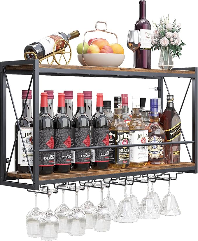 Dokser Wine Rack Wall Mounted Shelf - 2 Tier, Rustic Wood & Industrial Iron Frame Wine Bottle Holder for Kitchen, Dining Room, Home Bar Decor (Brown)