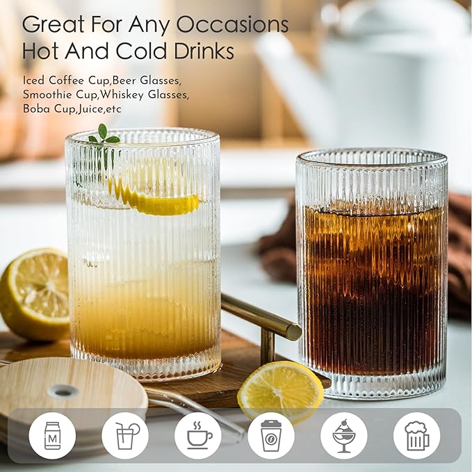 INSETLAN Set of 8 Ribbed Glassware - 4 Large Glasses 17 oz, 4 Rocks Glass Cups 10 oz, Vintage Glassware Cocktail Glasses, Ideal for Beer, Juice, Water, Ice Coffee Cup, Whiskey, Mixed Drinkware