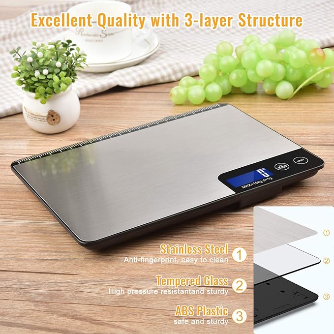 33lb Digital Kitchen Scale Large Weighing Area (9 in), Diyife Professional Electronic Food Scale, Stainless Steel Household Scale, Touch Control, LCD Display, Hangable, 6 Units, Tare, with Batteries