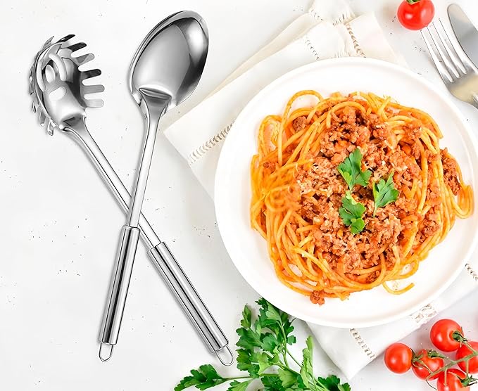Large Cooking Spoon and Pasta Fork Set, 2 Pack Stainless Steel Serving Spoon, Heat Resistant Kitchen Noodle Spoon for Cooking, Serving, Mixing and Spaghetti