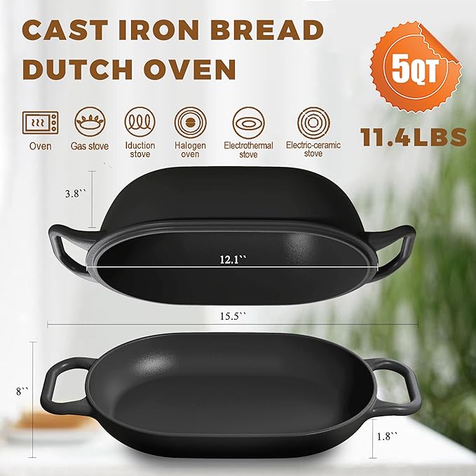 Oval Dutch Oven for Bread Baking 12 x 8 Inch, Pre-Seasoned Cast Iron Bread Oven for Sourdough, Dutch Oven Bread Loaf Pan for a Crispy Crust, 5QT