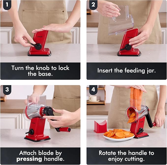 Geedel Rotary Cheese Grater - Upgraded Vegetable Shredder with 4 Interchangeable Blades, Easy to Clean Cheese Shredder with Handle, Kitchen Grater Nuts Grinder for Cutting Cheese, Vegetable, Nuts