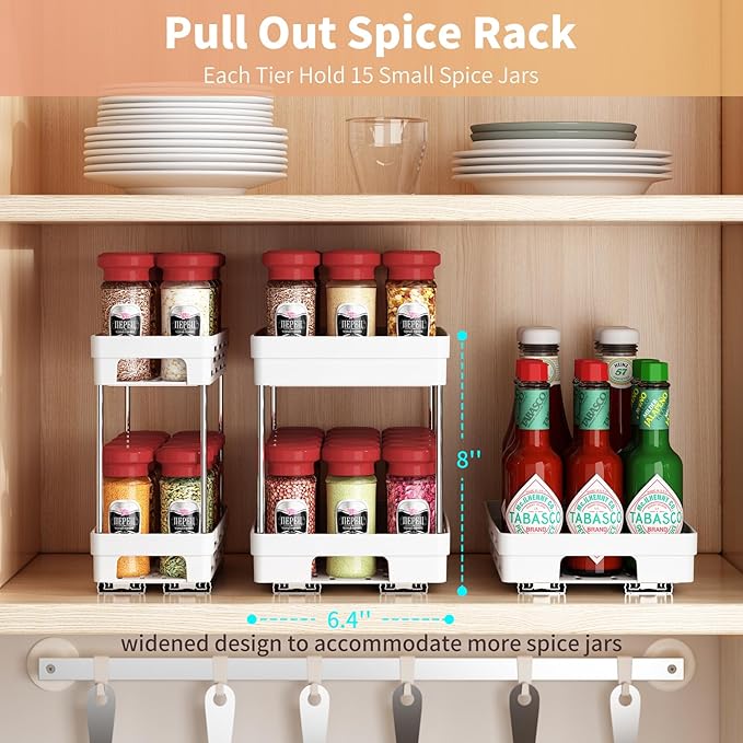 Pull Out Spice Rack Organizer for Cabinet, 2 Pack Widen Slide Out Spice Racks Organizer, Spice Cabinet Organizers, Cabinet Size Need:12'' Highx11'' Deepx6.75'' Wide,Hold 15 Spice Jar Each Tier-2Tier