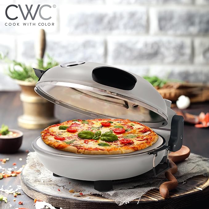 Cook With Color Electric Indoor Pizza Oven – Crispy Crust Countertop Pizza Maker, Heats up to 800˚F, 12 Inch Ceramic Stone, Dual Temperature Control Knobs, Bamboo Peel Included, Off White