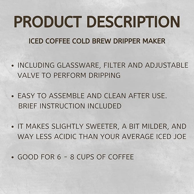 Nispira Iced Coffee Cold Brew Drip Tower Coffee Maker Wooden, 6-8 cup, Grey
