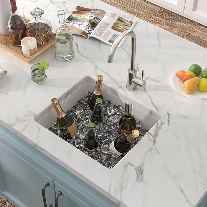 18"x16" Undermount Bar Prep Sink – White Granite Composite Quartz Classic Under Counter Single Bowl Sink Basin for Wet Bar, RV, Small Kitchen, Mobile Home