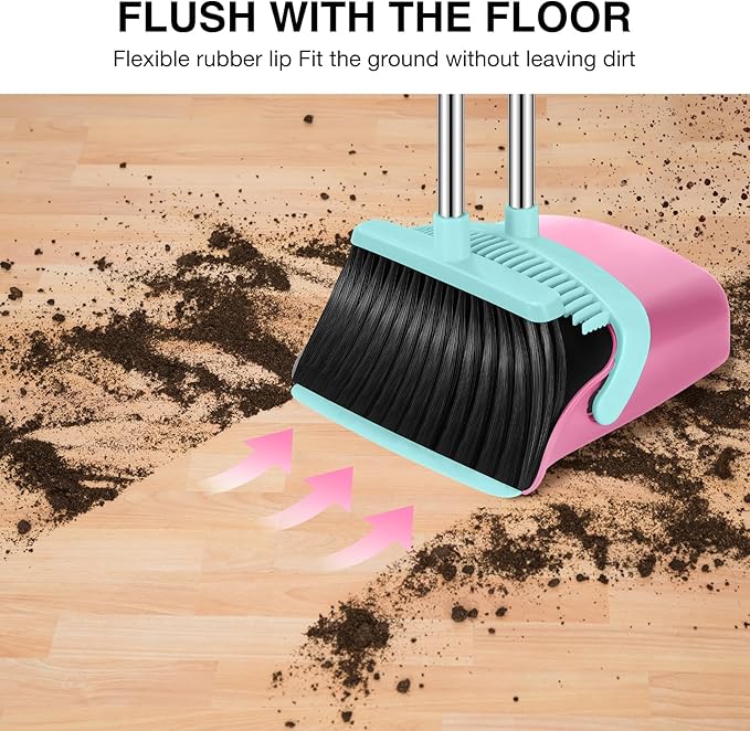 NACENA Broom and Dustpan Set, 52-in Long Adjustable Handle Broom Dustpan Combo with Dustpan Teeth to Automatically Clean Hair Suitable for Home Kitchen Office Hall Floor (Pink&Blue), 4 Pack