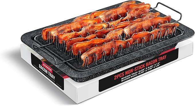 Bakken- Swiss Bacon Tray - 2-Piece Set – Marble Coating - Durable, Non-Stick Cooking Tray for Bacon – Black Stone Tray and Carbon Steel Rack