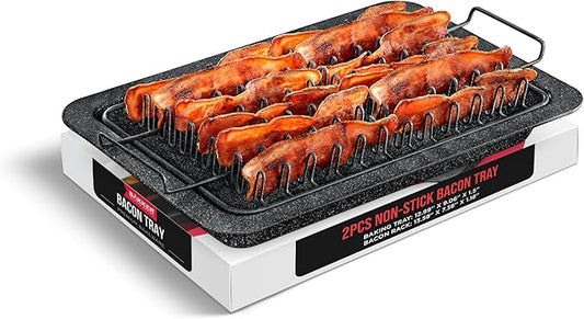 Bakken- Swiss Bacon Tray - 2-Piece Set – Marble Coating - Durable, Non-Stick Cooking Tray for Bacon – Black Stone Tray and Carbon Steel Rack