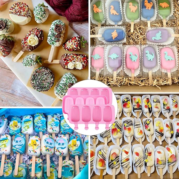 3pcs Large Silicone Popsicle Molds Set,BZIDII 4 Cavities Cake Pop Molds,Oval Ice Cream Bar Mold Ice Pop Cakesicle Molds Silicone with 100 Wooden Sticks & 100 Bags &100 Twist Ties(Pink)