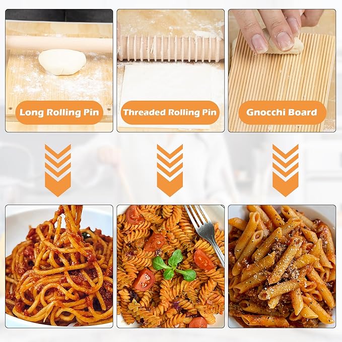 3 Size Pasta Making Tools, 11Pcs Wooden Pasta Making Kit with 3 Size Threaded Rolling Pins, Long Rolling Pin, Rotatable Pasta Drying Rack, Gnocchi Board, Dough Cutter, Wheel Cutter, 2 Stamps