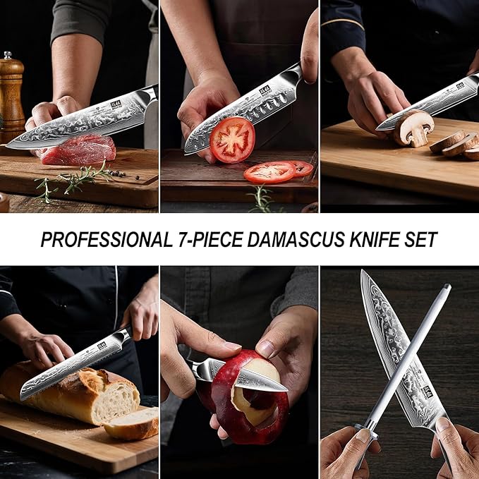 SHAN ZU Damascus Kitchen Knife Set, 7-Piece Professional Knife Sets for Chefs, Japanese Super Steel Damascus Kitchen Knife Set With G10 Handle Knife Block Set