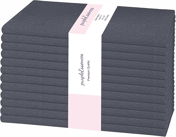 PurpleEssences Set of 12 Cloth Dinner Napkins 100% Cotton 18x18 Inch - Soft Durable Washable - Ideal for Farmhouse Party Christmas Holiday Winter - Perfect Everyday Use Table Linen - Dark Gray