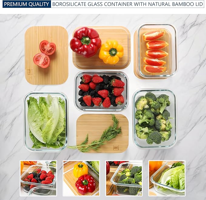 Glass Food Storage Containers with Bamboo Lids (4-Pack, 36oz) Airtight, Leakproof, BPA-Free Borosilicate Glass Meal Prep Containers – Eco-Friendly, Oven/Microwave/Freezer Safe-Plastic-Free & Reusable