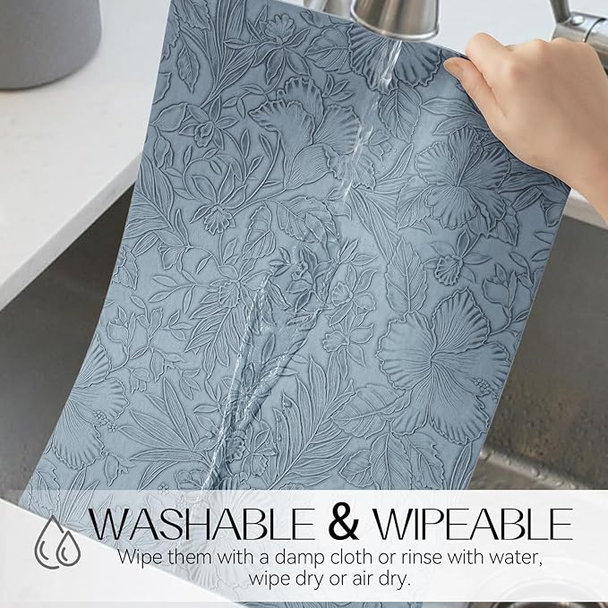 Romanstile Vinyl Placemats Set of 4-12 X 18 Inch - Heat Resistant Non-Slip Embossed Floral Place Mats 100% Waterproof Oilproof Wipeable Faux Leather Table Mats for Kitchen/Dining/Party, SkyBlue