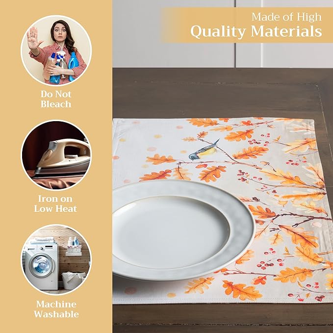 Maison d' Hermine Placemats Set of 4 100% Cotton Washable Cloth Place Mats, Reusable Table Mats for Thanksgiving Christmas Decorations Kitchen Dining Party Wedding Restaurant (Oak Leaves, 13" x 19")