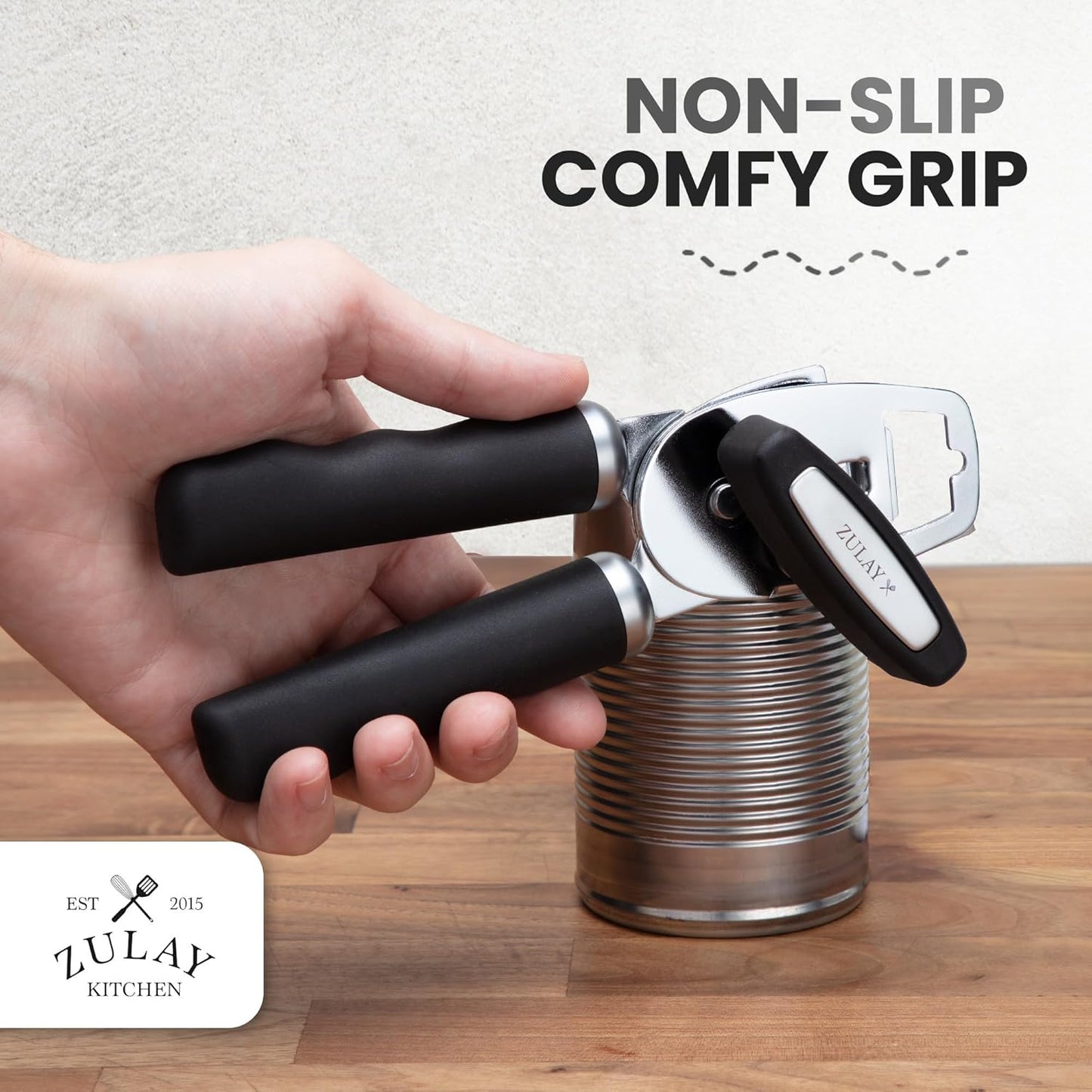 Zulay Kitchen Heavy Duty Stainless Steel Can Opener Manual with Bottle Opener - Rust Proof Manual Can Opener With Turn Knob & Comfy Soft Grip Handles - Black