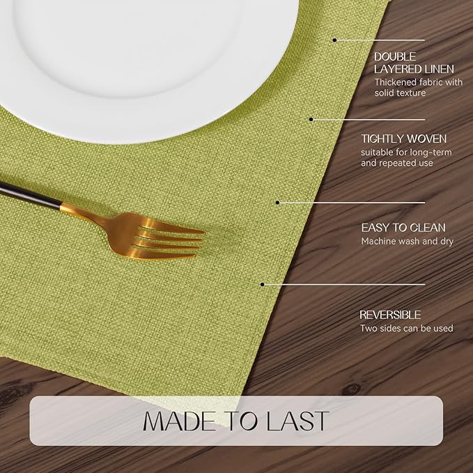 Romanstile Cloth Placemats Set of 8-12 x 18 Inch, Heat Resistant Double Layered Thickened Burlap Place Mats, Washable Faux Linen Farmhouse Table Mats for Kitchen/Dining/Party/Outdoor, Green