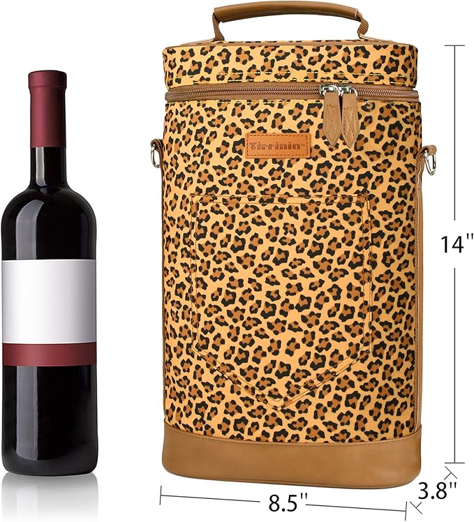 Tirrinia 2 Bottle Wine Gift Tote Carrier - Leakproof & Insulated Padded Versatile Wine Cooler Bag for Travel, BYOB Restaurant, Wine Tasting, Party, Dinner,Gift for Wine Lovers, Cheetah