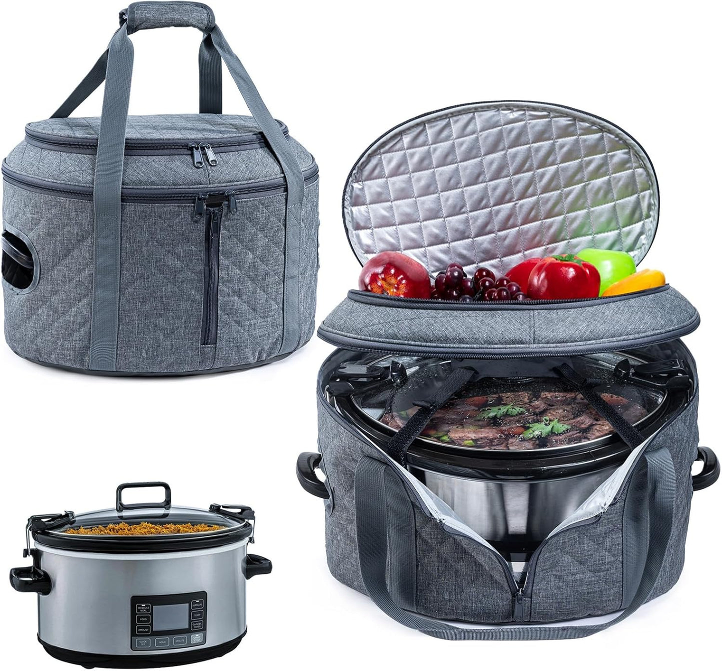 BAGSPRITE Double-layer Slow Cooker Carrying Case Compatible with 6-8 Quart Crockpot Carrier for Hot Food and Hamlton Beach Slow Cooker Tote with Lid Fastener for Crock-pot Dust Cover Applicances