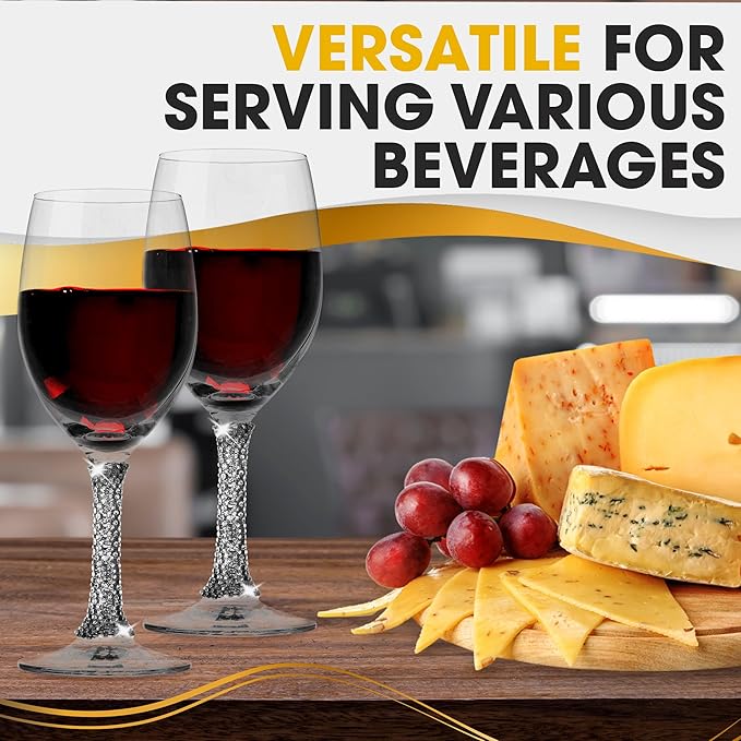 Premium Wine Glasses Set of 4 - Crystal Long Stem Wine Glass with Silver Rhinestone Stem Design - 12 oz