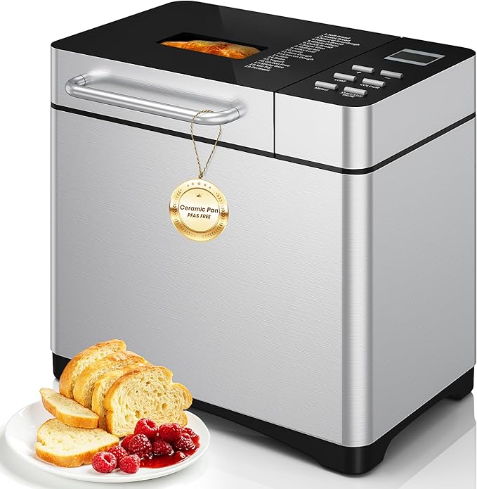 2LB & 1.5LB Bread Maker Machine, 19-in-1 Automatic with 3 Crust Colors, 3-Step Beginner-Friendly Operation, Keep Warm, Programmable Delay Timer for Homemade Bread, Silver