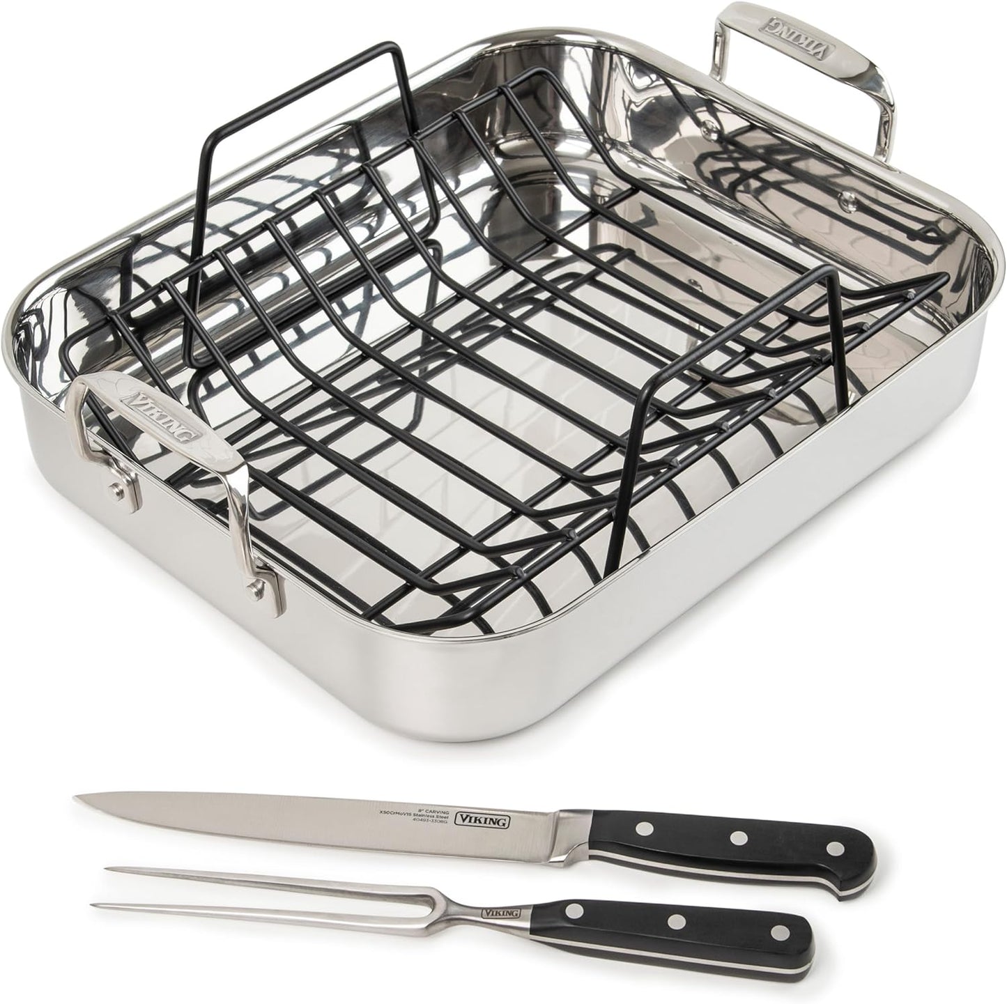 Viking 3-Ply Stainless Steel Roasting Pan with Nonstick Rack and Carving Set, 16 x 13 Inch Kitchen Cookware, Great for Turkey, Dishwasher and Oven Safe, Induction Ready, SIlver