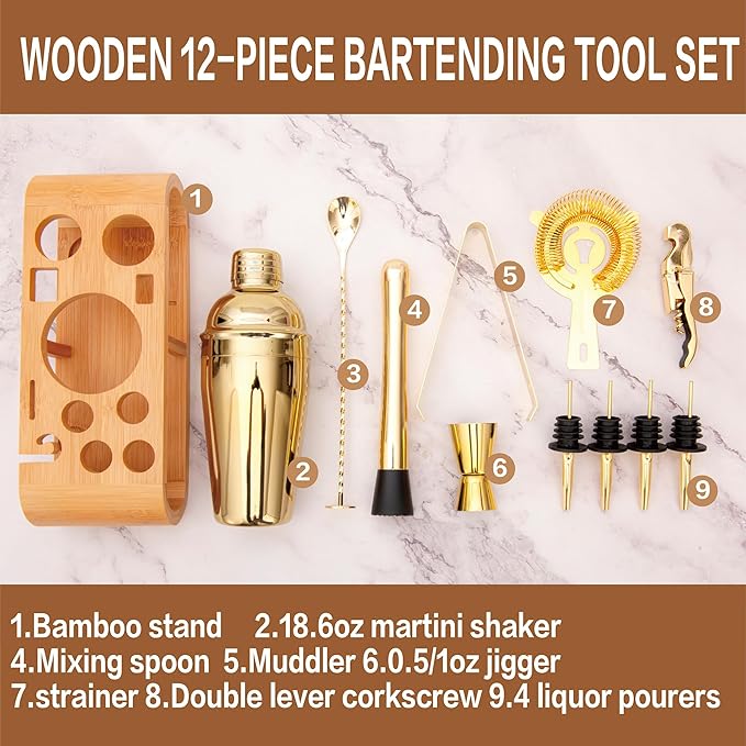 12Pcs-Cocktail Shaker Set Stainless Steel Bartending Kit 18.6oz Cocktail Bar Set Cocktail Mix Drink Making Kit Professional Bar and Home Drink Bar Tools for Bartender(Gold, 12Pcs)
