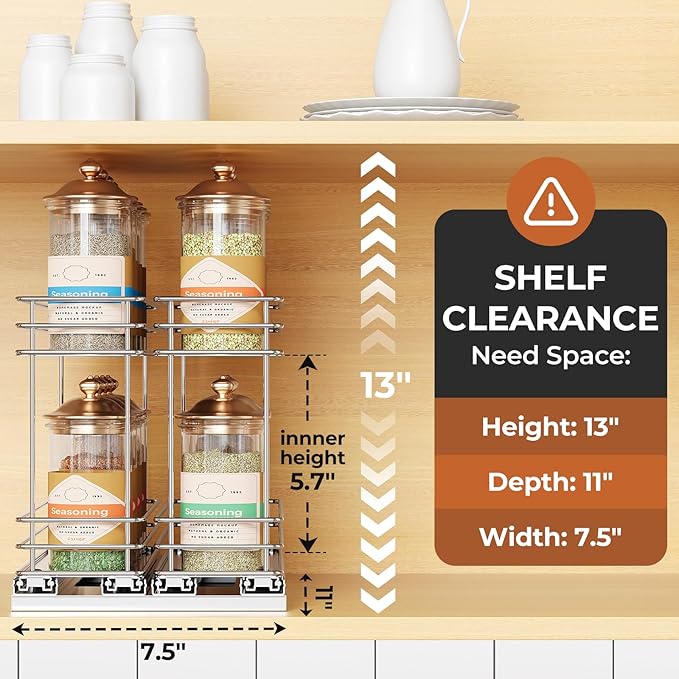 Pull Out Spice Rack Organizer for Cabinet, Slide Out Spice Racks, Easy to Install, 3.0''Wx10.35''Dx8.26''H, 2 Drawers 2 Tiers(Silver)