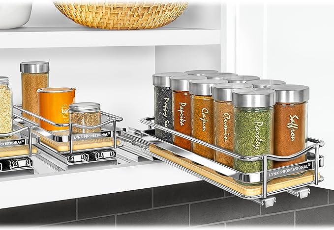 LYNK PROFESSIONAL® Élite™ Pull Out Spice Rack Organizer for Inside Kitchen Cabinets - 4-3/8 inch Wide - Slide Out Drawer – Wood/Chrome Sliding Spice Cabinet Organization Shelf Racks - 1 Tier