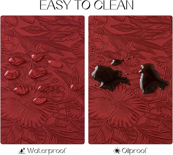 Romanstile Vinyl Placemats Set of 4-12 X 18 Inch - Heat Resistant Non-Slip Embossed Floral Place Mats 100% Waterproof Oilproof Wipeable Faux Leather Table Mats for Kitchen/Dining/Party, Red