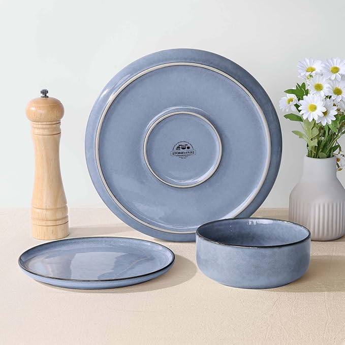 Herogo 18-Piece Stoneware Dinnerware Set for 6, Stackable Dinner Plates and Bowls Sets, Double Reactive Glaze Dishware Place Setting for Kitchen, Scratch Resistant, Microwave Safe, Haze Blue