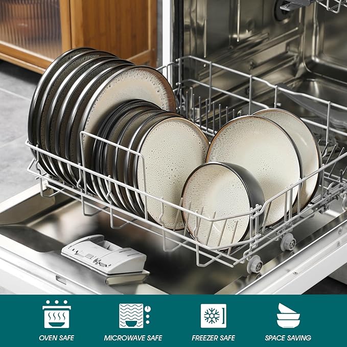 vancasso Plates and Bowls Sets, 18 Pieces Stoneware Dinnerware Sets for 6, Kitchen Dish Set Mircowave and Dishwasher Safe Dinner Set Ceramic Dishware, Light Cream, Series AMBER