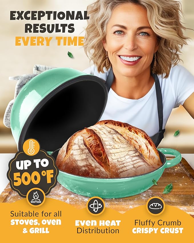 Dutch Oven Bread Baking - 5QT Enamel Bread-Oven - incl Sourdough Bread-Baking Suppliers like Dough Whisk Scoring Lame etc Bread-Dome Cast Iron Bread-Pan with Lid for Sour dough, Bread-making
