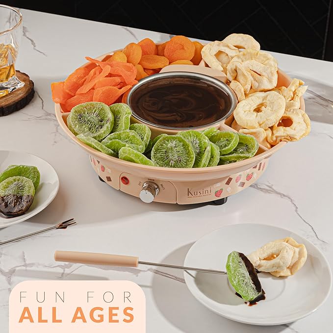 Kusini Fondue Pot Electric Set – 10-oz Chocolate Fondue kit - Temperature Control, Detachable Serving Tray, 4 Forks – Hostess Gift Ideas, Unique Housewarming Gift Set – Birthday Party Ideas