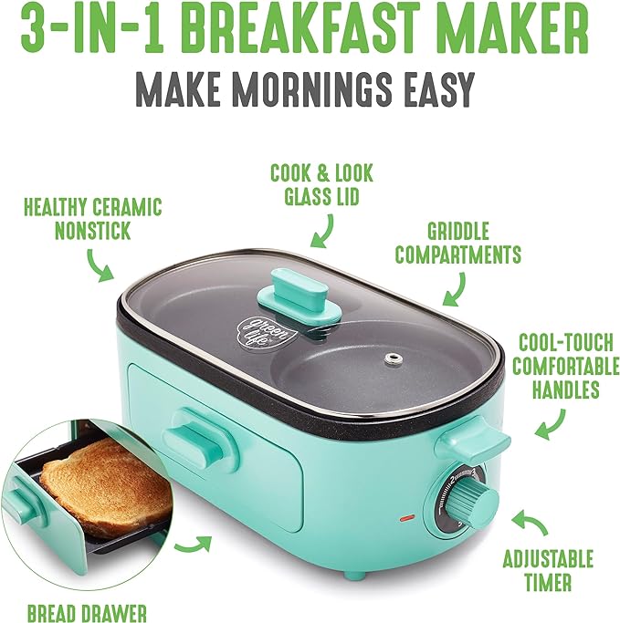 GreenLife 3-in-1 Breakfast Maker Station, Healthy Ceramic Nonstick Dual Griddles for Eggs Meat Sausage Bacon Pancakes and Breakfast Sandwiches, 2 Slice Toast Drawer, Easy-to-use Timer, Turquoise