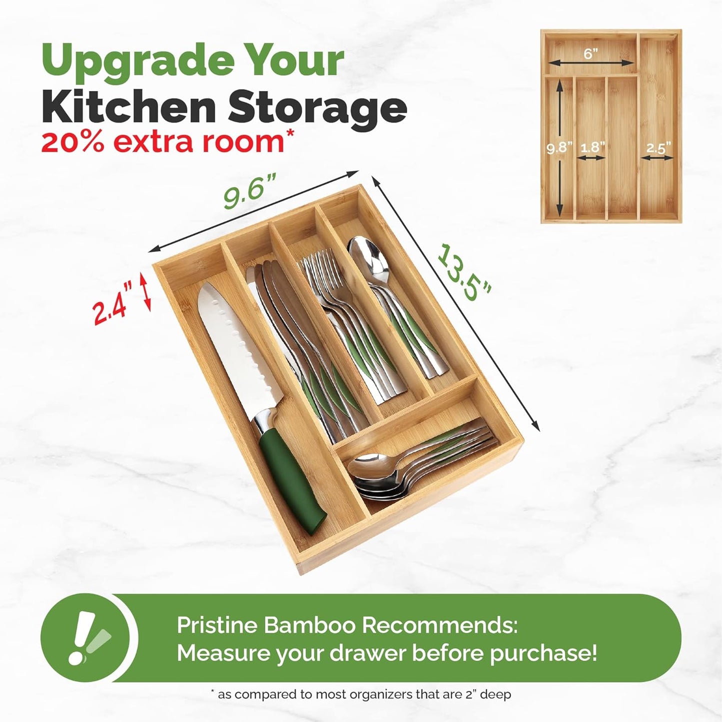 Silverware Organizer - Small Extra-Deep Wooden Kitchen Drawer Organizer Divider for Spoons, Forks, Knives & Cutleries - 5 Slots