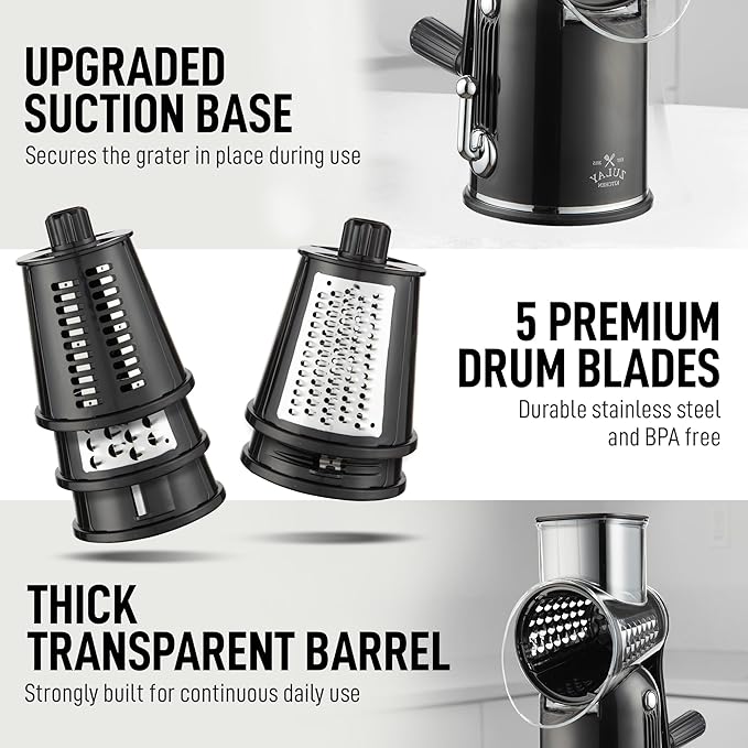 Zulay Kitchen Rotary Cheese Grater 5 Blade Cheese Shredder - Manual Hand Crank Cheese Grater With Reinforced Suction & 5 Interchangeable Drums - Easy to Use, Vegetable Chopper Round Mandoline Slicer