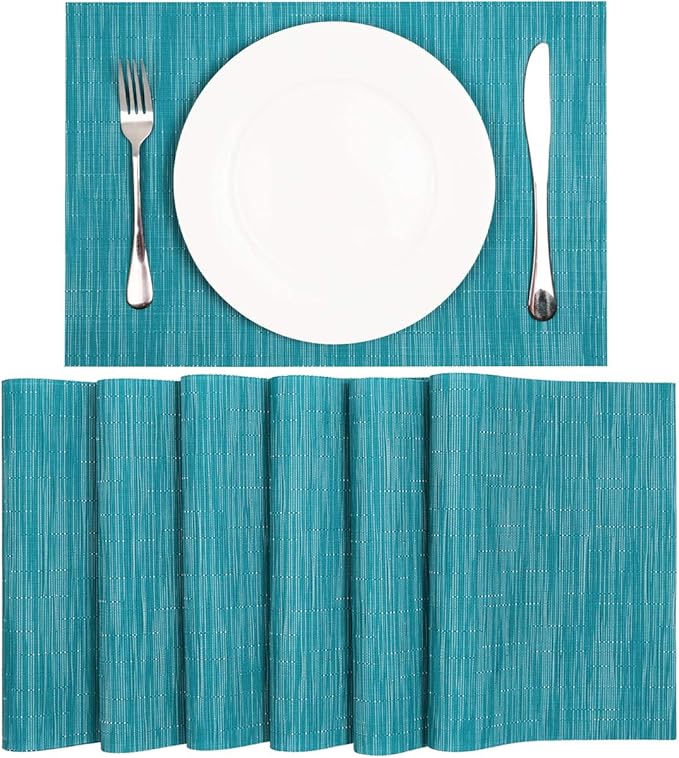 SHACOS Woven Vinyl Placemats Set of 6 Wipe Clean Wasahble Place Mats for Dining Table Heat Resistant Non Slip Table Mats (6, Teal Blue)
