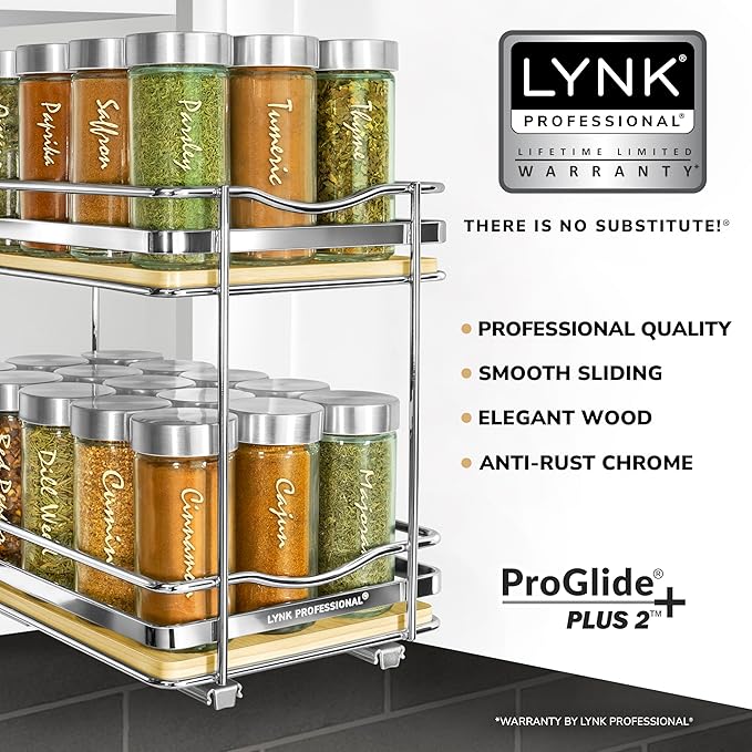 LYNK PROFESSIONAL® Élite™ Pull Out Spice Rack Organizer for Inside Kitchen Cabinets - 6-3/8 inch Wide - Slide Out Drawer – Wood/Chrome Sliding Spice Cabinet Organization Shelf Racks - 2 Tier