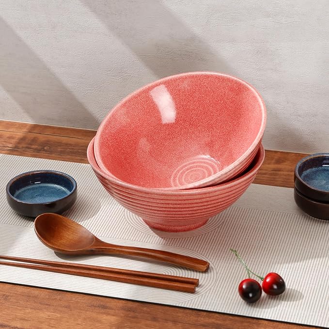 NUTRIUPS 8 Inch Ceramic Ramen Bowl Set of 2 Pho Bowls 40oz Japanese Noodle Udon Soup Bowls with Spoons and Chopsticks (pink)