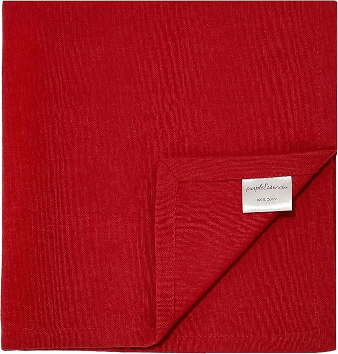 PurpleEssences Set of 12 Cloth Dinner Napkins 100% Cotton 18x18 Inch - Soft Durable Washable - Ideal for Farmhouse Party Fall Thanksgiving - Perfect Everyday Use Table Linen - Red