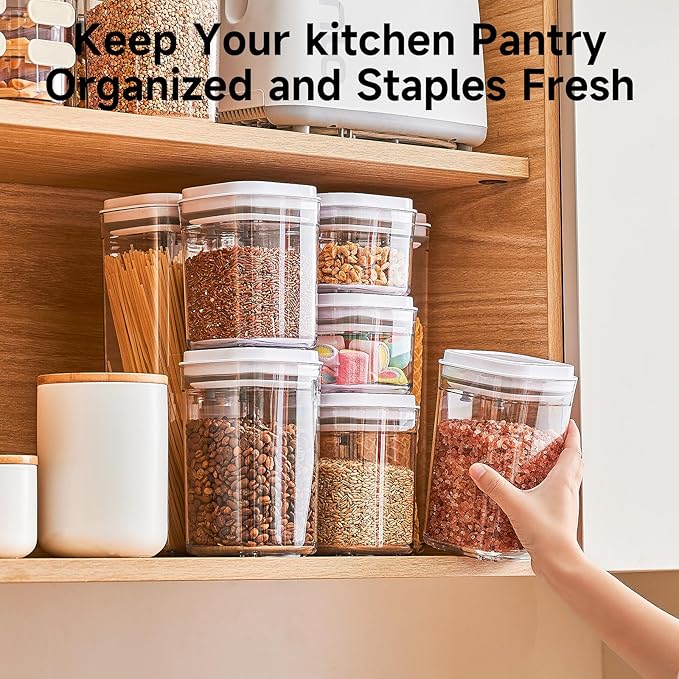 Pop Top Food Storage Container Set | 4Pcs Airtight Cereal Storage Organizer Canisters with Pop Lids, BPA-Free, Vacuum Seal & One-button Opening, Stackable Pantry Containers for Dry Food Storage